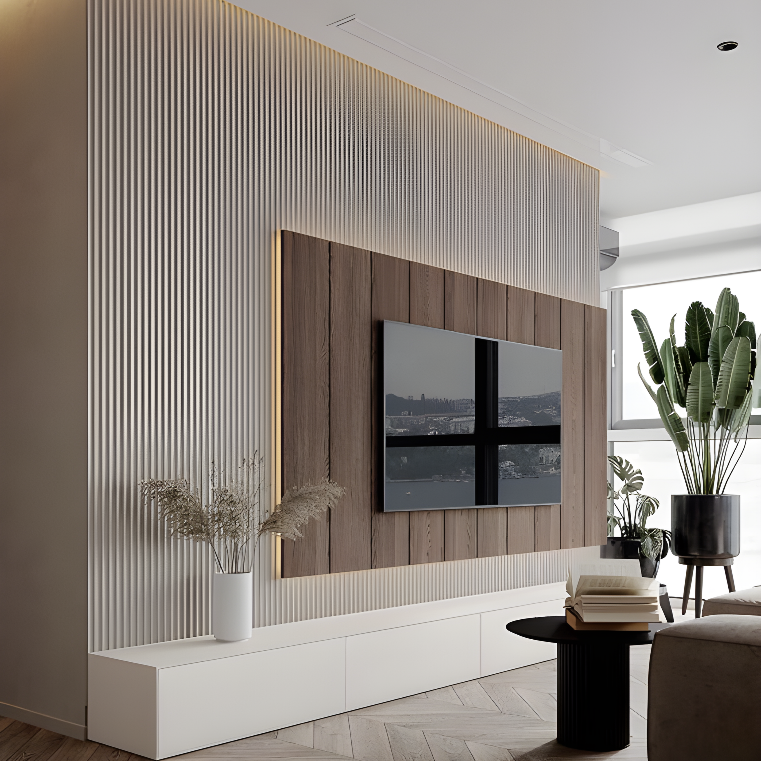 3D Design White Media Wall - AlUmaima Interiors