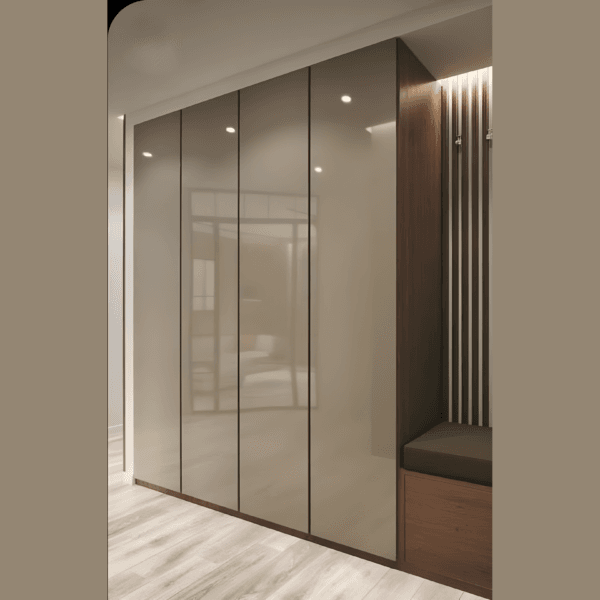 Taupe gloss wardrobe with fluted wood seating nook and LED lighting for an Abu Dhabi Homes by AlUmaima Interiors .