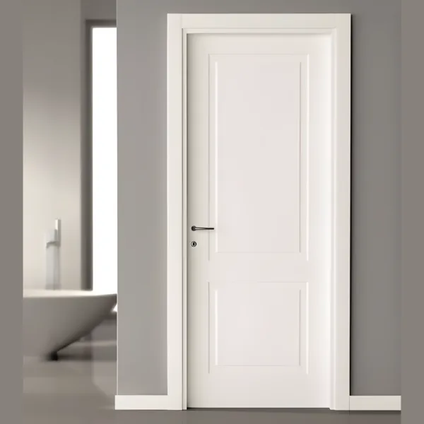 AlUmaima Interiors white bespoke two-panel door with minimalist handle for a modern residential bathroom suite in Dubai.