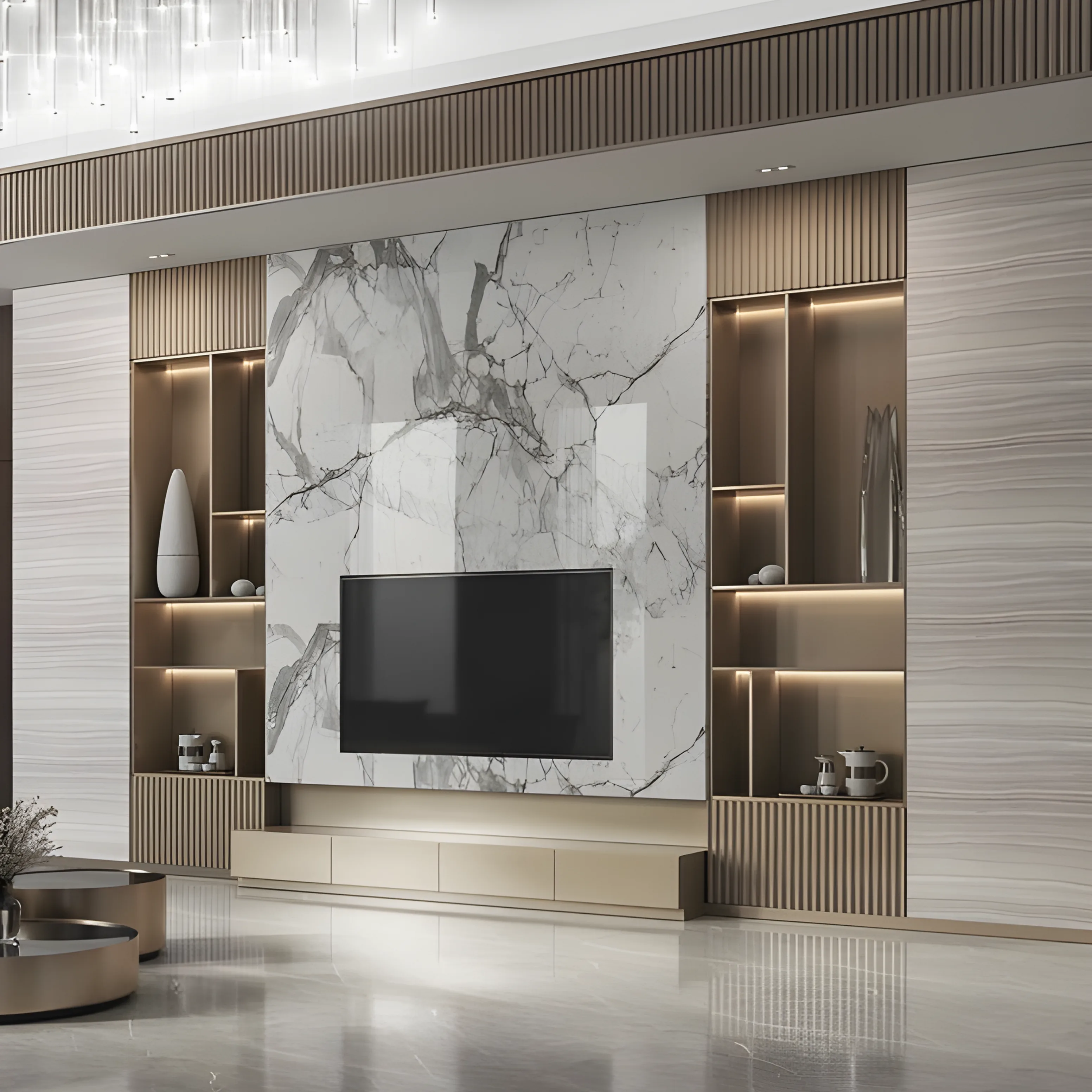 Fake Marble Finish Feature TV Wall with Gold Accents by AlUmaima Interiors