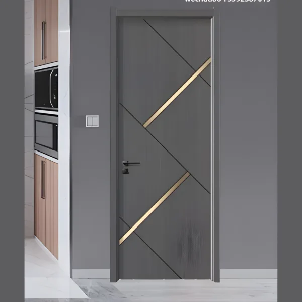 AlUmaima Interiors modern charcoal door with gold geometric inlays for a luxury Dubai Home and office fit-out.