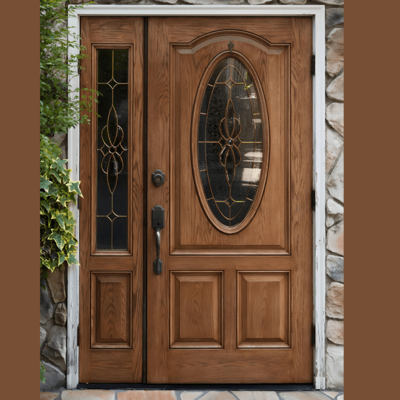 AlUmaima Interiors traditional oak door with leaded glass for a luxury residential villa in Dubai.