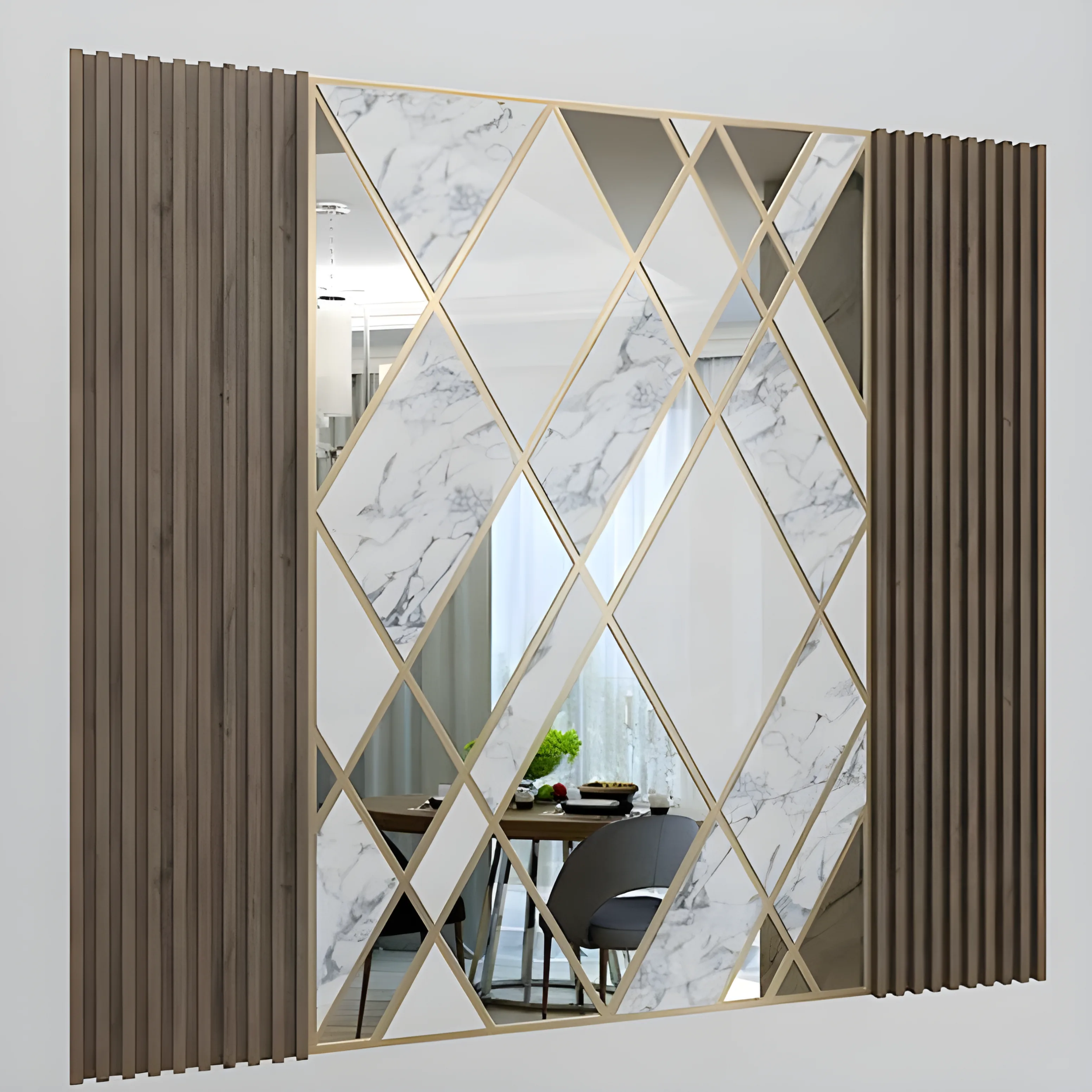 AlUmaima Interiors bespoke geometric mirror wall with marble insets and fluted wood panels in a luxury Dubai dining room.