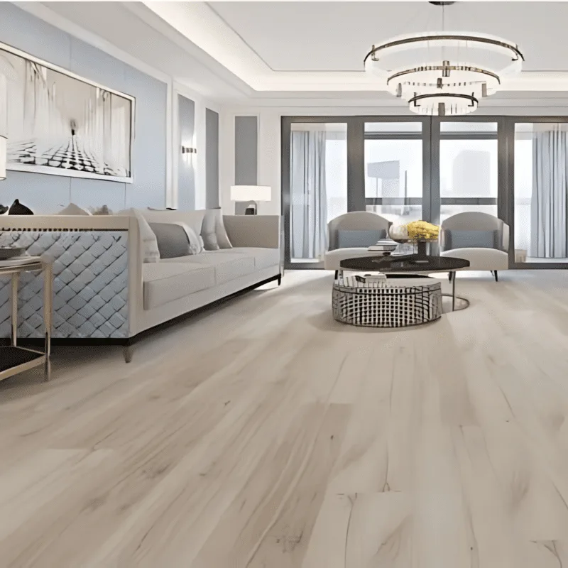 AlUmaima Interiors light Baltic oak wide-plank parquet in a sunlit Dubai penthouse with a modern tiered chandelier.