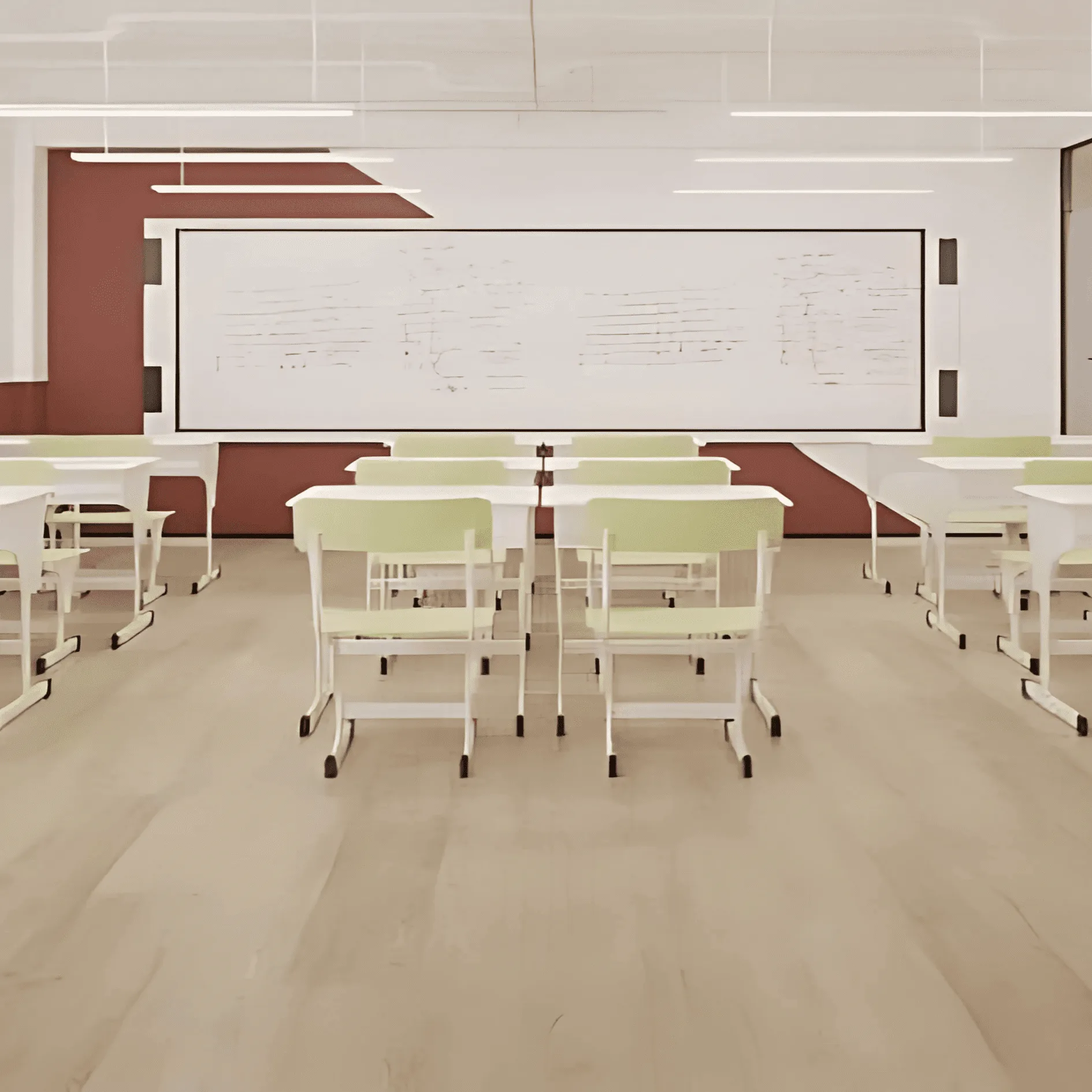 AlUmaima Interiors modern classroom with pistachio chairs and light wood parquet in a luxury Dubai school fit-out.