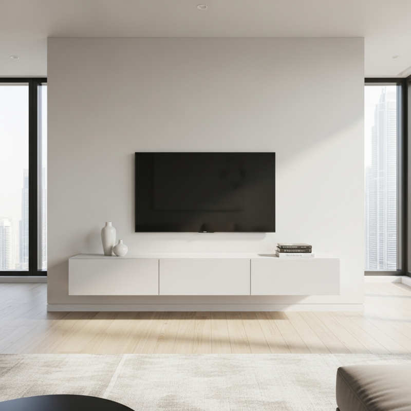 White minimal media wall by alumaima interiors abu dhabi and dubai