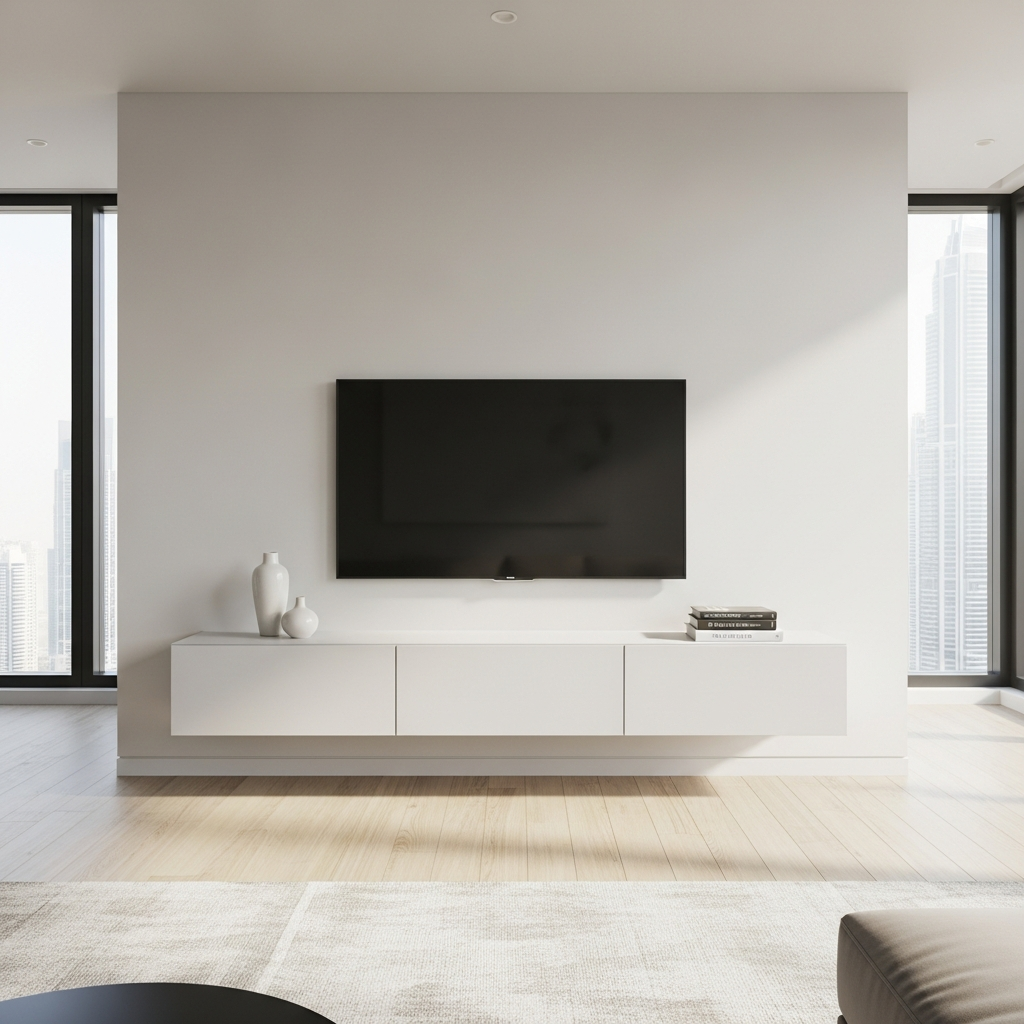 White minimal media wall by alumaima interiors abu dhabi and dubai