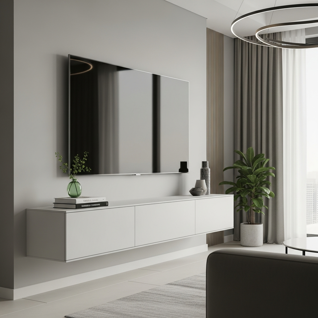 A sleek, white floating TV console in a bright, modern living room in a luxury Dubai apartment, creating a clean and spacious aesthetic.