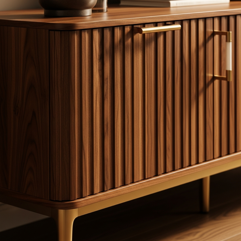 Rich walnut wood with fluted details and brushed gold hardware adds a touch of luxury and sophistication to your living room.