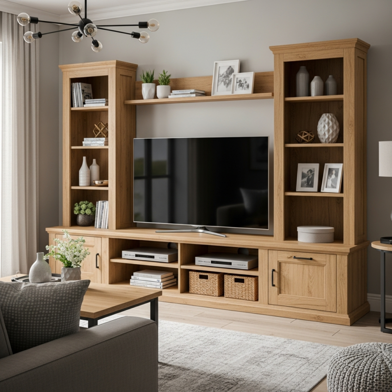 A light-oak TV console offers ample storage and a warm, inviting look for a modern family home in Abu Dhabi.