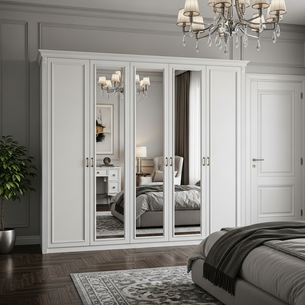 A stylish bedroom with a white 6-door wardrobe featuring full-length mirrored doors that reflect the room, making it appear more spacious.