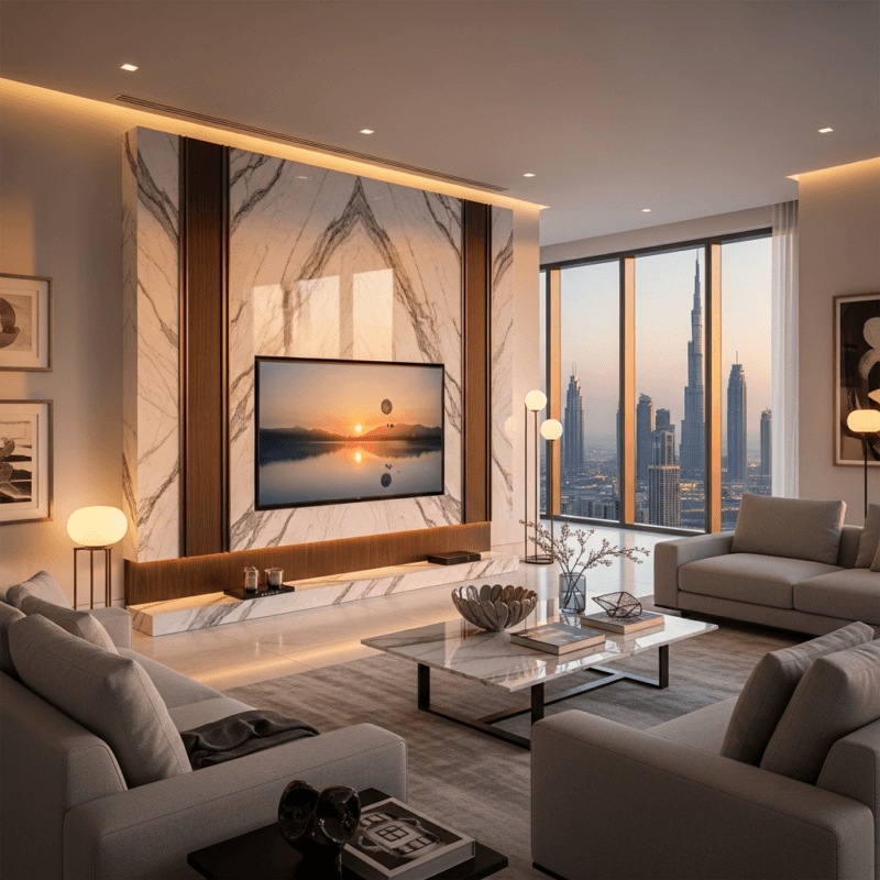 Modern TV wall panel design in a luxury Dubai living room by AlUmaima Interiors.