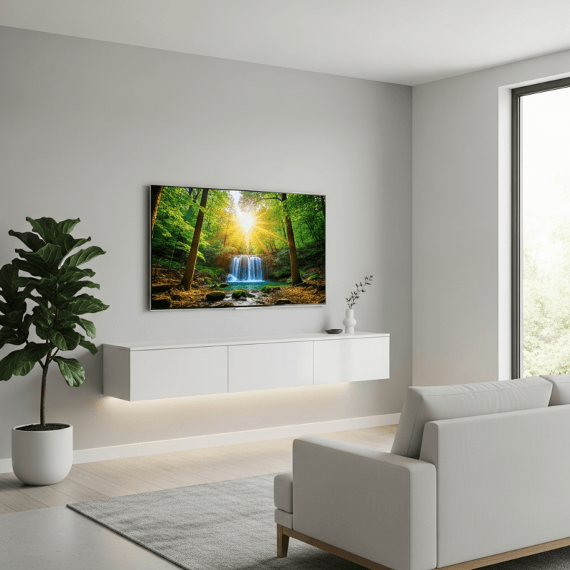 Fluted wooden TV wall panel with LED lighting detail.