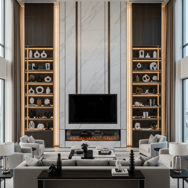 A large, custom-built media wall in a luxury Abu Dhabi villa, featuring an integrated TV, electric fireplace, and illuminated shelving.