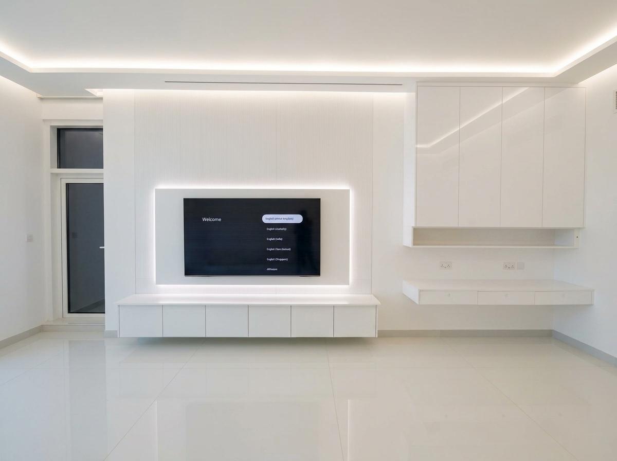 white minimal media wall design dubai abu dhabi